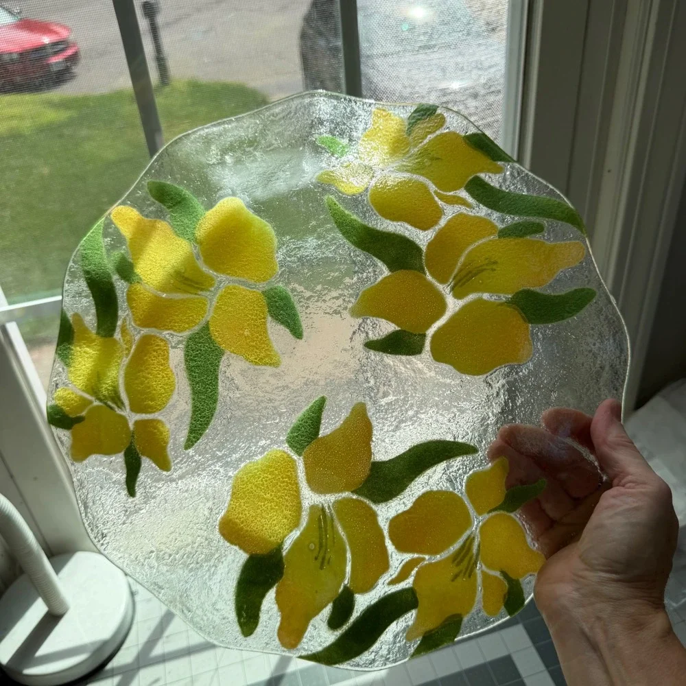 Large Fused Art Glass Platter Yellow Lily Floral Textured 14